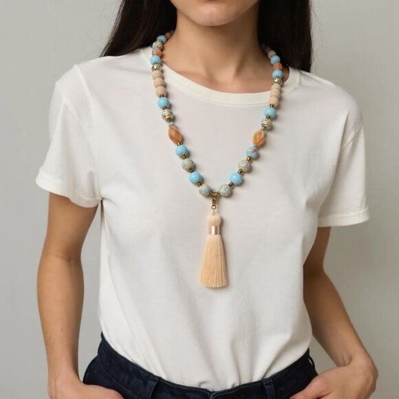 Peach Sherbet. Beaded necklace. Soft pastels of Blue Sea Sediment Jasper beads - Picture 1 of 5